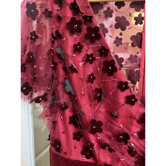 Mac Duggal, Floral Applique Cocktail Midi Dress in Burgundy Size 8 Prom Formal - Picture 6 of 12
